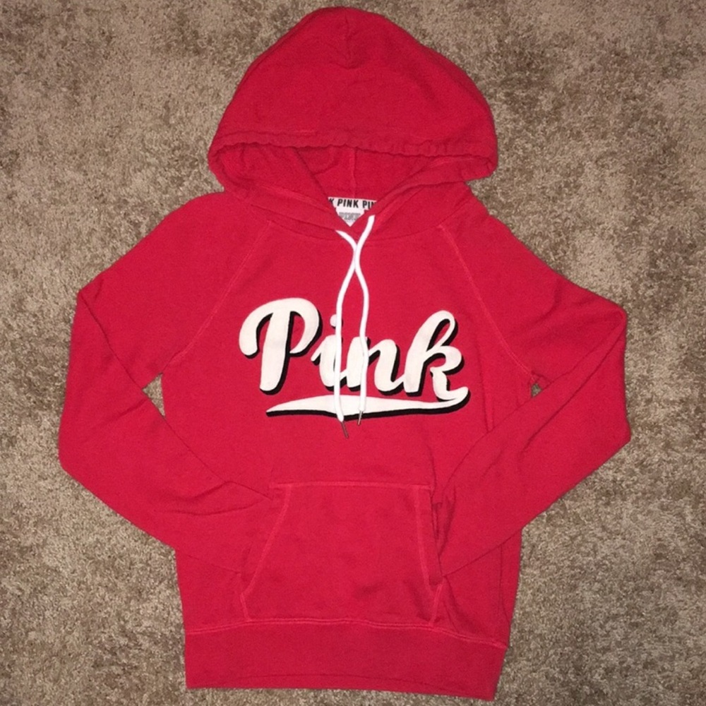 VS Pink Red Drawstring Hoodie Kangaroo Pouch Pocket XS